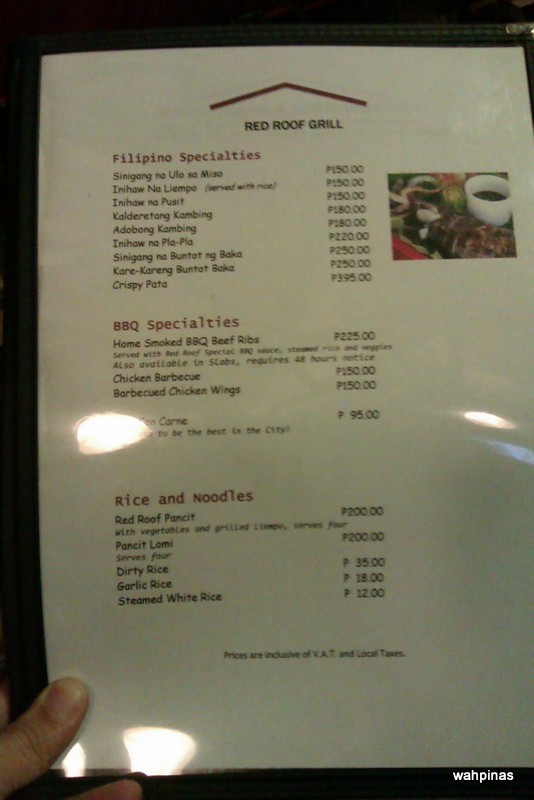 Red Roof Grill Menu